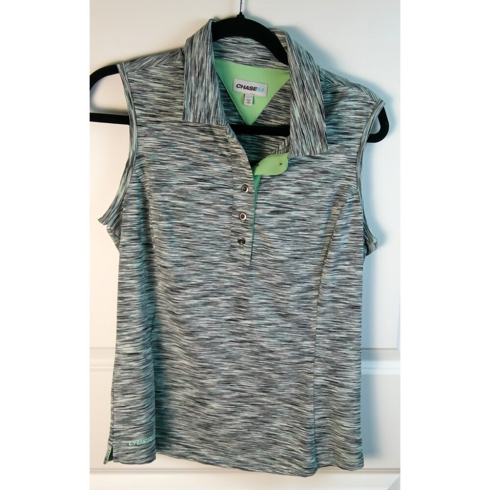 Chase54 Womens Golf Shirt, Heathered Black/White/Mint SZ- LG